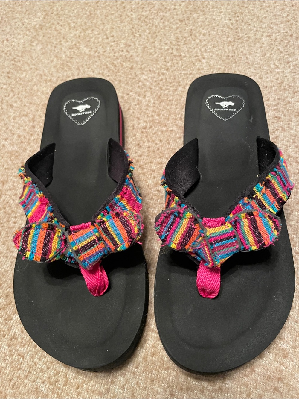 Rocket Dog Black Footbed Sandal with Multi-Color Striped Bow